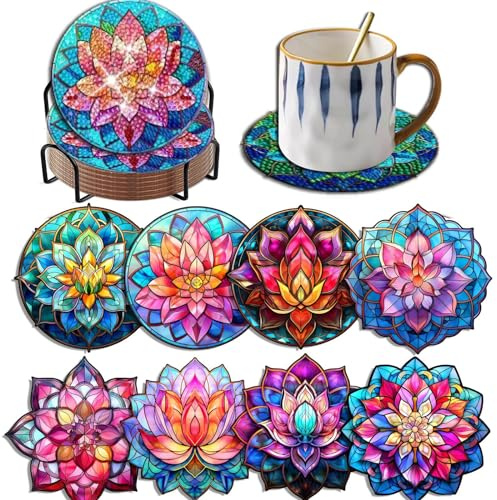 Bellatoi 8 stycken diamantmålningsunderlägg blommor, diamantmålning underlägg med hållare, 5D diamantmålning underlägg för koppar, vinglas, vaser och hemmakök, julklapp