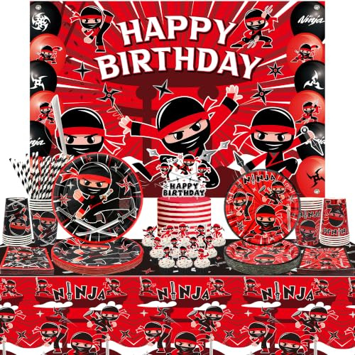 Dekorationen für eine Ninja-Geburtstagsparty, Ninja-„Happy Birthday“-Hintergrund, Geschirr, Tischdecke, Karate-Party, Partyzubehör zum Thema „Kriegermeister“, für 20 Personen