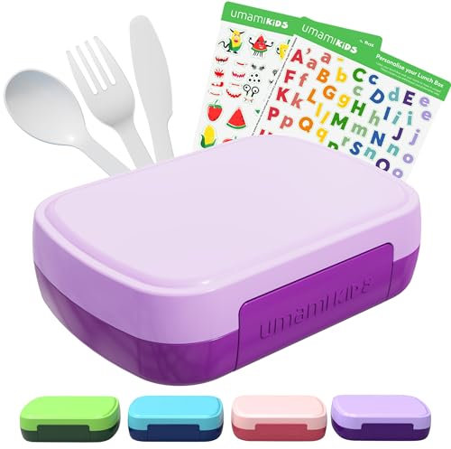 Umami Kinder Brotdose mit Fächern, alles-in-einem Design, inklusive Kühlakku und Besteckset, auslaufsicher, ideal für Schule/Kindergarten, BPA-frei