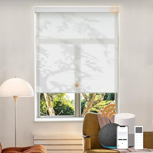 Motorized Light Filtering Roller Shades with Remote Control, Electric Smart Shades Compatible with Alexa and Google, Rechargeable, Customizable Size (Textured White)