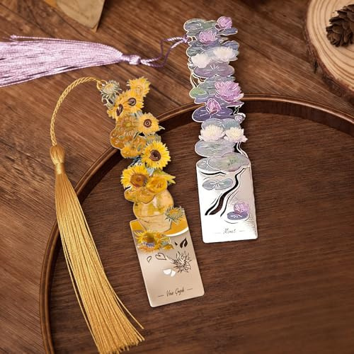 2 Pcs Metal Bookmarks with Tassels - Van Gogh Monet Painting Theme Bookmark Exquisite Handmade Hollow Bookmarks Gift Craft Bookmark for Book Lovers Writers Teachers Wome (Sunflower+Water Lilies)