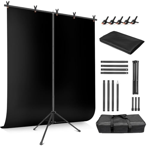 JEBUTU Black Backdrop with Stand Kit 5ft x 6.8ft (1.5m x 2.1m) | Adjustable, with 5 Clamps & Carrying Bag | White Backdrop Kit for Photography Video Recording Halloween