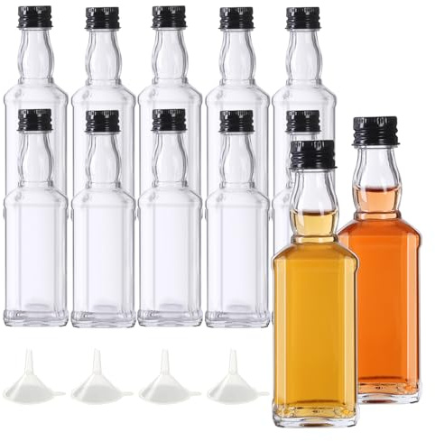 YBCPACK Mini botellas de alcohol de vidrio de 50 ml, paquete de 12 botellas de chupito de vidrio pequeñas reutilizables con tapas de rosca, 4 embudos para recuerdos de boda, recuerdos de fiesta