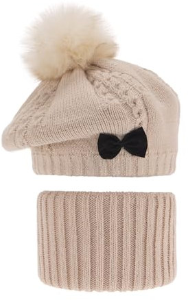 Kinder Elegant Winterset für Mädchen: Mütze Baskenmütze mit Bommel, Schleife und Loopschal Herbstmütze Strickmütze 48-50cm Amora (DE/NL/SE/PL, Numerisch, 50, 51, Beige, Amora, Amora)