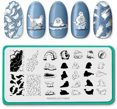 Maniology Water Pups Nail Stamping Plate, Adorable Seal Silhouettes Stamp Plates, Igloo, Icebergs and Wintry Waterscapes Manicure Designs, Sea Lion Aquatic Winter DIY Patterns