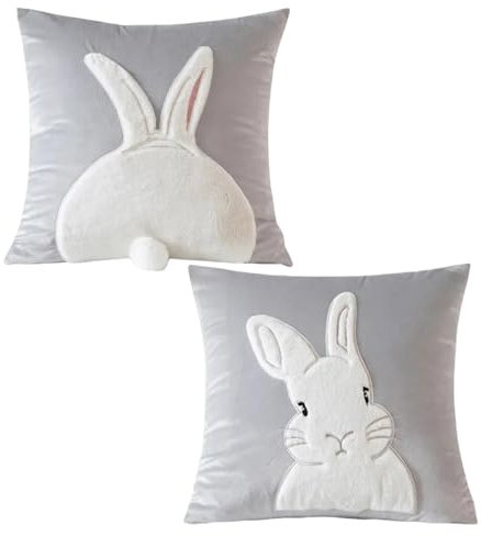 FUFRE Osterdeko Hase Kissenbezug 45x45 cm, 2 Stück Osterhase Deko Kissenbezug Samt, Osterdeko Modern Hase Schwanz Kissenhülle Ostern, Kissenbezüge für Ostern Deko Wohnzimmer Schlafzimmer (Grau)