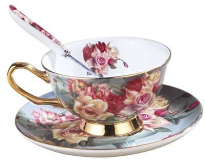 MAGICLULU Juego de Taza de Café de Cerámica 220 Ml con Platillo y Cuchara | Juego, Cerámica y Acero Inoxidable, Acabado sin Rebabas, para Té, Bebidas y Agua en Casa