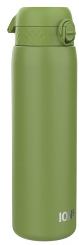 ion8 1 Liter Leicht Edelstahl Trinkflasche, Nicht Isoliert, Auslaufsicher, Einhandöffnung, Sichere Verriegelung, Spülmaschinenfest, Klappdeckel, Tragegriff, Leicht zu Reinigen, Khakigrün