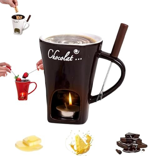 Fondue Cup, Chocolate Fondue Mug with Fork and Candle, Fondue Cups Tealight, Ceramic Nostalgia Cheese Fondue Pot, Mini Simmer Mugs for Date Night, Birthday, Wedding Gifts (Black)