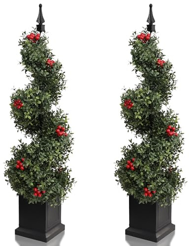 momoplant 3ft/90cm Artificial Trees with Red-Fruits, Set of 2 Boxwood Fake Topiary Trees in Pot, Large Artificial Plants for Outdoor/Indoor Garden