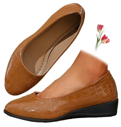 Zapatos de cuero ligeros para mujer, cómodos, con soporte de arco, de cuña, sin cordones, de tacón bajo, para el trabajo, bailarina, mocasines