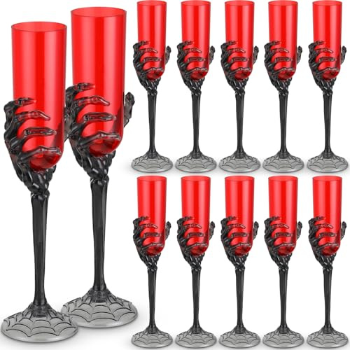 Dandat Lot de 12 flûtes à champagne en plastique avec main de squelette pour décoration de fête - 130,4 g (noir, rouge)