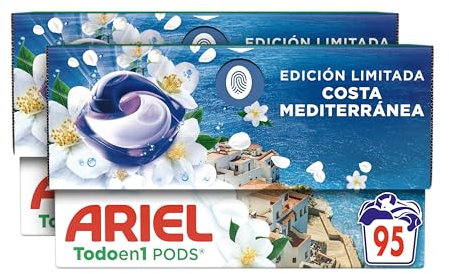 Ariel Todo en 1 PODS Brisa Marina Y Jazmín, Detergente Líquido Para Lavadora en Cápsulas, 95 Lavados, Edición Limitada Costa Mediterránea