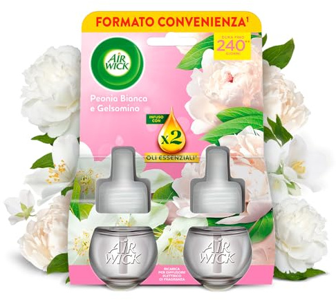 Air Wick Diffusore Elettrico di Oli Essenziali, 2 Ricariche per Diffusore alla Fragranza Peonia Bianca e Gelsomino, Profumatore per Ambienti con Oli Essenziali