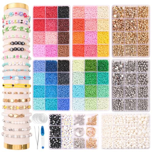 JHWELRG Perlen für Armbänder,Selber Machen Perlenset 8-Kits,mit Buchstabenperlen und Weiß Goldene Silber Perlen,armband perlen set für Weihnachten Feiertage Geburtstage Belohnungen