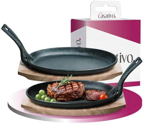 Casativo 2er-Set Massive Profi Servierpfanne aus Gusseisen mit Holz-Untersetzer, 24 x 14 x 2,2 cm, Abnehmbarer Griff, bis 230 °C hitzebeständig