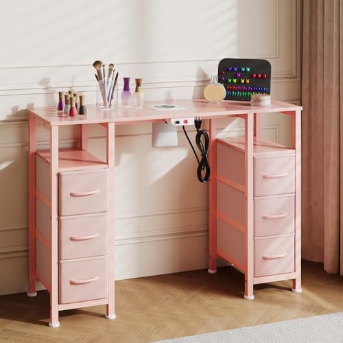 WODRAWER Manicure Table Nail Desk for Nail Tech, Nail Beauty Table w/Electric Dust Collector & 6 Storage Drawers & Open Shelves for Home, Workshop, Makeup Beauty Salon Workstation (Pink)