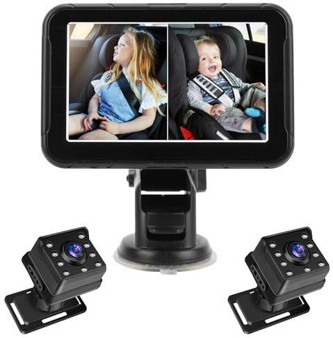 Sxhlseller Cámara de Automóvil de bebé HD 1080p, Monitor de bebé con Carro Trasero con Pantalla de con Pantalla Antiglare de 5 Pulgadas, 2 Visión Nocturna IR, Cámara Dual, Rotación de 360