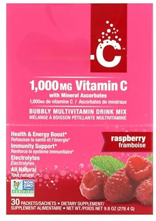 VitaminC, multivitamin drinkmix, hallon, 1 000 mg, icke-GMO, glutenfri, vegan 30 paket,