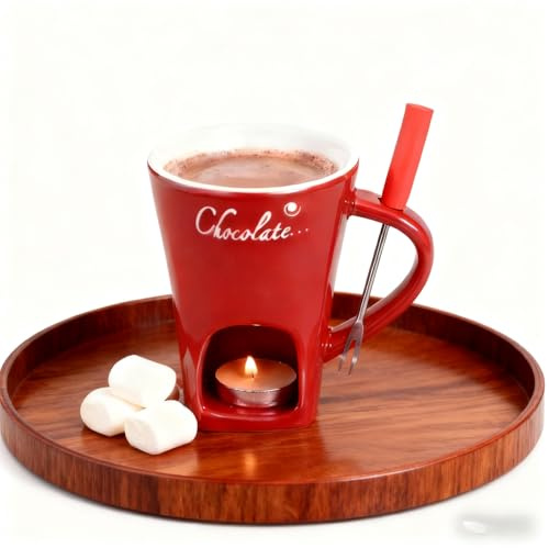 Chocolate Fondue Mug, Ceramic Melting Pot with Fork, Personal Tealight-Heated Chocolate & Cheese Warmer, Dishwasher-Safe, 200 ml / 6.8 fl oz (Candle Not Included)(Red)
