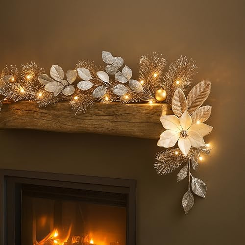 Marco Paul 9ft Luxury Gold & Silver Glitter Pre Lit Christmas Garland with Poinsettia Flowers Bright & Warm White LED Battery Powered Indoor Christmas Decor for Fireplace & Staircase Frontdoor