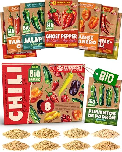 ZenGreens® - Kit de graines de piment bio - 8 variétés pour une culture facile dans le jardin, sur le balcon ou dans une jardinière surélevée - Semences légumes