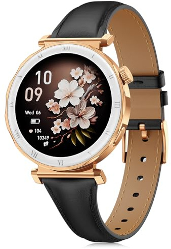 BOALZETD Montre Connectée Femme - Élégant Petit Poignet avec Écran AMOLED 1,19 Bracelet en Cuir Fin, Smartwatch avec Podometre, Cardiofrequencemetre/SpO2/Sommeil pour iOS/Android, Or Rose/Noir