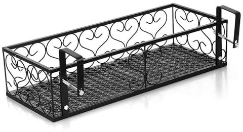 Fioriera sospesa in ferro per vasi da fiori per balcone e portico, decorazione su rotaia, staccionata per piante, nero, 50 x 20 x 12 cm, ideale per giardini all'aperto e decorazioni per la casa