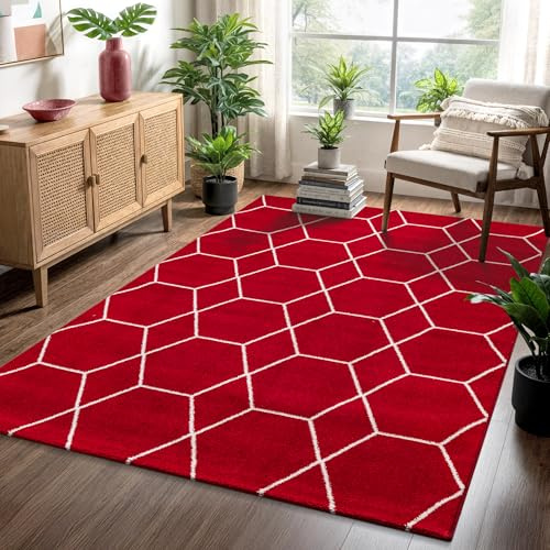 SANAT Wohnzimmerteppich – Pflegeleicht, für jeden Raum geeignet – Öko-Tex zertifizierter Flächenteppich – Trellis Muster, Rot, 140 x 200 cm