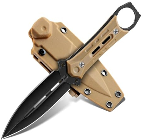 Freelander Cuchillo Supervivencia Pequeño Hoja Fija de Acero D2 con Funda Kydex, Cuchillo de Supervivencia Montaña Full Tang con Mango G10, Cuchillos Bushcraft Pequeño, Caqui
