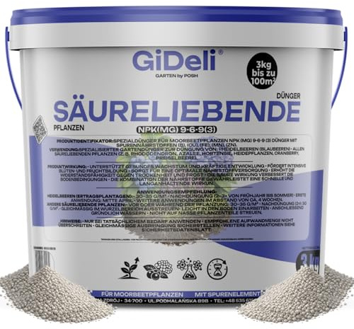 GiDeli Heidelbeerdünger & Hortensiendünger 3 kg im Eimer - Granulat | für Rhododendren Azaleen und Blaubeeren, mit Eisen und Magnesium, chloridarm, handliche Dosierung, säuert den Boden an