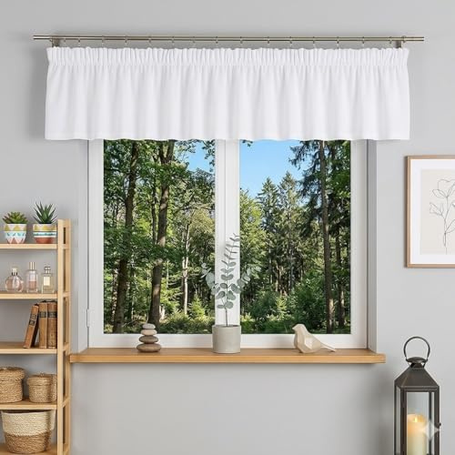 Gardinen Vorhangen Weiß 400x50 cm (BxH) Fertiggardine Elvio Mit Lambrequin Scheibengardine Bistrogardine Kurzstore Fischgrätmuster Küche Wohnzimmer Leicht Transparent Sofort Aufhängbar