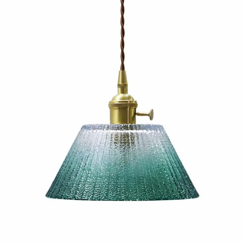 ZTTECH Lámpara Colgante de Cristal Vintage Pantalla Estriada Degradada E27 Altura Ajustable Interruptor Dorado Lámpara de Techo para Isla Cocina Comedor Dormitorio Café Bar (Verde)