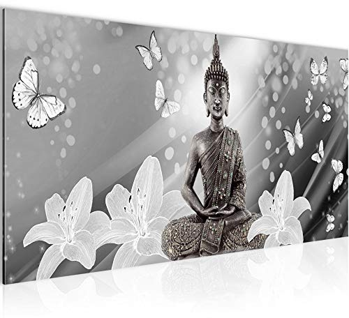 Runa Art Wandbild Buddha Blumen 1 Teilig 100 x 40 cm Modern Bild auf Vlies Leinwand Schmetterling Wohnzimmer Schwarz Weiss 505612c