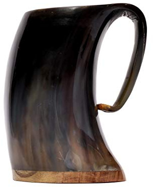 Brillibrum Design Trinkhorn Becher echtes Kuhhorn poliert mit Griff Wikinger Becher Trink-Gefäß aus Horn Bierkrug Mittelalter Unikat Horntasse Met (400 ml, Kuhhornbecher)