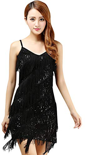 BellyQueen Women's 1920s Tassel Sequins Dance Costume Samba Rumba Tango Dance Dress Vintage Flapper Cocktail Dress Sexy V-Neck, OneSize Silver Black