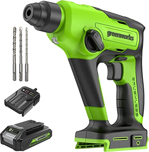 Greenworks 24V Brushless Rotary Hammer Drill Cordless SDS-Plus Heavy Duty 4-Mode Selector Anti-Vibration Handle Built-in LED Light Impact Energy 1.2 Joule Tool Only