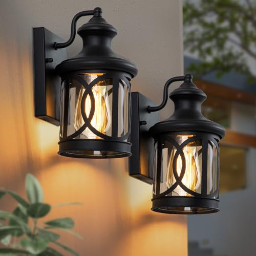 Laplusbelle 2-Pack Outdoor Wall Lights, Porch Lights, Waterproof Outdoor Wall Sconce, Exterior Light Fixtures Matte Black with Clear Glass Shade for House Garage Patio Front Door Balcony