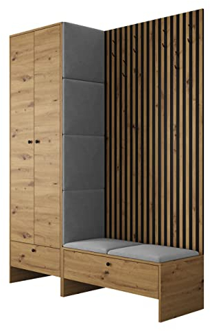 Mirjan24 Garderoben-Set Melire III, Kleiderschrank Schuhschrank Lamellen Paneel mit Kleiderhaken Gepolstertes Paneel/Wandpaneel Kleiderstange Wandgarderobe Flurgarderobe (Eiche Artisan, Manila 16)