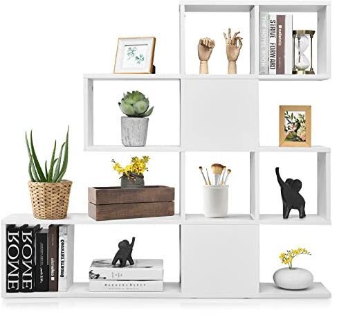 GIANTEX Libreria a Forma di Scala a 4 Piani, Libreria Geometrica Moderno con 10 Scomparti Aperti, Organizzatore di Cubi, Espositore e Scaffale per Soggiorno, Camera, Ufficio, 2 Colori (Bianco)