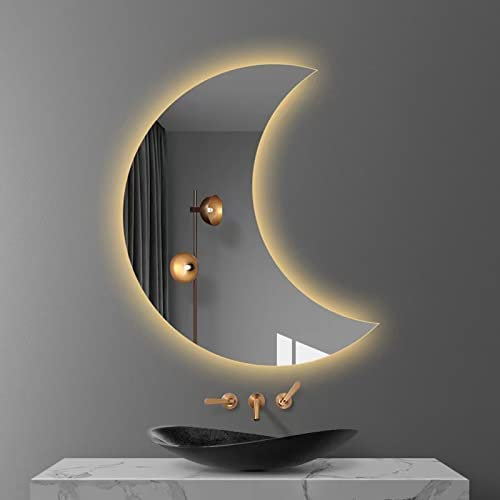 PASPRT Specchio a Mezzaluna, Specchio da Bagno Senza Cornice a Forma di Luna a LED, Specchio per Trucco Art Deco con Touch Screen a Forma di Specchio Intelligente a Forma (60CM)