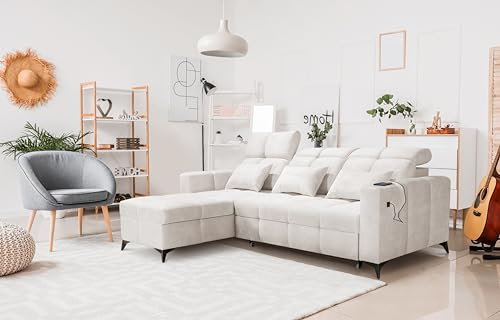 All4All Ecksofa Inez, Sofas mit bettfunktion, Schlafsofa mit bettkasten,Möbel, Couch mit USB,Modern Sofaeck, Eckcouch,L-Form, Polstersofa, Verstellbarer Kopfteile, Sitzecke 26 (Wave 1, Links)