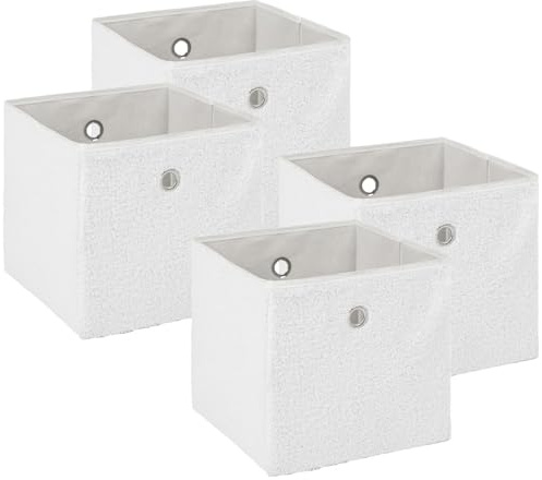 OHS Collapsible Storage Boxes Teddy Boucle White, Foldable Cube Storage Box Set for Home Bathroom Living Room Storage Cubes for Toys Blankets Books Clothes, Pack of 4