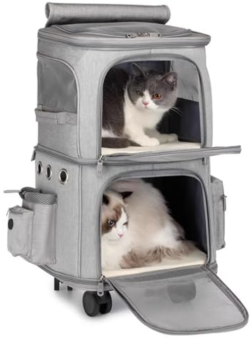 PJDDP Double Pet Carrier Auf Rädern, Katzenrucksack Mit Abnehmbaren Rädern,Zusammenklappbarer Rollender Katzen-Reisekoffer Für 2 Katzen,Atmungsaktive Und Faltbare Welpen Reisetasche,Grau