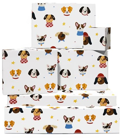 Carta da regalo per cani - 6 fogli di carta da regalo - Teste di cane - Stella - Carta da regalo bianca per compleanno, anniversario, Natale - Fornita con adesivi - Di Central 23