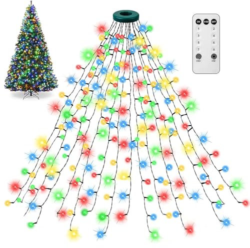 Weihnachtsbaum-Wasserfalllichter mit Ring, Lichterkette Weihnachtsbaum mit ring, 1.5M 200 LED Lichterkette außen, LED Weihnachtsbeleuchtung mit 8 Modi und Fernbedienung für Weihnachtsdeko (Bunt)