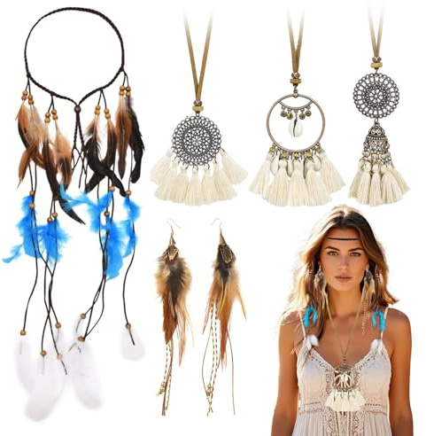 5 Stück Indianer Kostüm Damen Lederhalskette Indianer Schmuck Set Feder Indianer Kopfschmuck Kostüm Indianer Damen Indianer Kostüm Accessoires Feder Boho Ohrringe Bohemian Hippie-Stamm