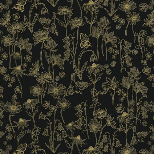 Fiula Selbstklebende Tapete Klebefolie Möbel Blumen Schwarz und Gold Wandpapier 44x300CM Möbelfolie Selbstklebend Dekorfolie Vintage Vögel Wohnzimmer Schlafzimmer Wasserdicht Küche Wallpaper