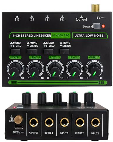 Mixer Audio Stereo a 4 Canali, Mixer 4 Canali con Jack da 6,35mm 4 Ingressi e 1 Uscita Ricarica Type-C Mixer Audio per Esibizioni in Band Spettacoli dal Vivo Esercitazioni Strumenti