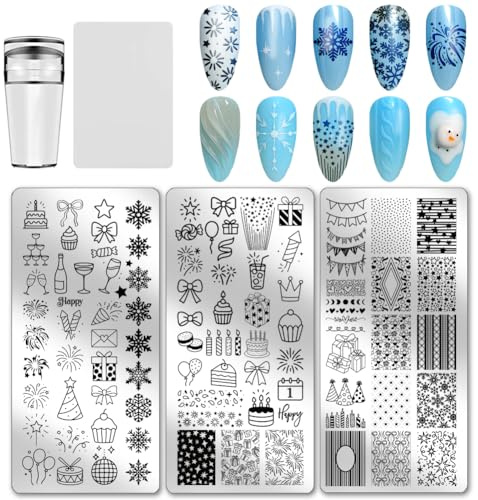 PH PandaHall 3pcs Christmas Nail Stamping Plate, Winter Snowflake Nails Image Plates Bow Cheer Nail Art Templates Cake Gift Fireworks Nails Stencils for Xmas Holiday Party Manicure Decor